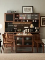 Walnut Wood Sideboard Cabinet with Rotating Desk