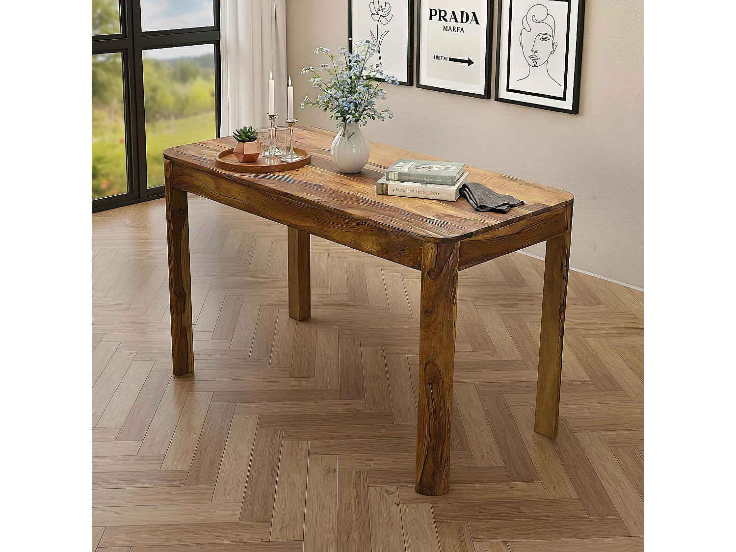 58891298 Table à manger rectangulaire Sheesham Bois Massif 120cm pour jusqu'à 6 Personnes - Image 1