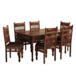 Handicraft Wooden Traditional Dining Table 6 Seater | Wooden Six Seater Dinning Table with 6 Chairs for Home | Chairs with Cushion | Dining Room Sets | Solid Sheesham Wood, Brown Teak Finish - Image 5