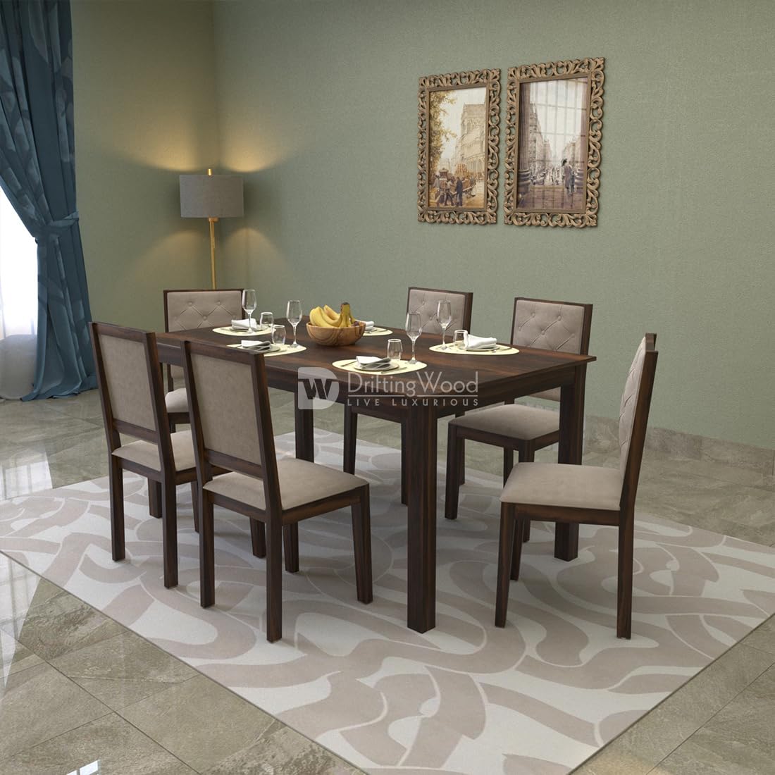 61Kc2crGjsL._SL1100_ Izabel Dining Table 6 Seater | Six Seater Dinning Table with 6 Chairs for Home with Beige Cushions | Rosewood, Walnut Finish, Self Assembly(DIY) - Image 1