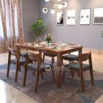 DRIFTINGWOOD Liana Solid Sheesham Wood Dining Table 6 Seater | Wooden Six Seater Dinning Table with Grey Cushion Chairs | Dinner Table 6 Seater | Dining Room Sets | Self Assembly, Natural Finish