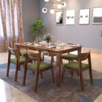Liana Solid Sheesham Wood Dining Table 6 Seater | Wooden Six Seater Dinning Table with Green Cushion Chairs | Dinner Table 6 Seater | Dining Room Sets | Self Assembly Natural Finish
