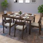 Liana Solid Sheesham Wood Dining Table 6 Seater | Wooden Six Seater Dinning Table with Beige Cushion Chairs | Dinner Table 6 Seater | Dining Room Sets | Self Assembly Walnut Finish - Image 2
