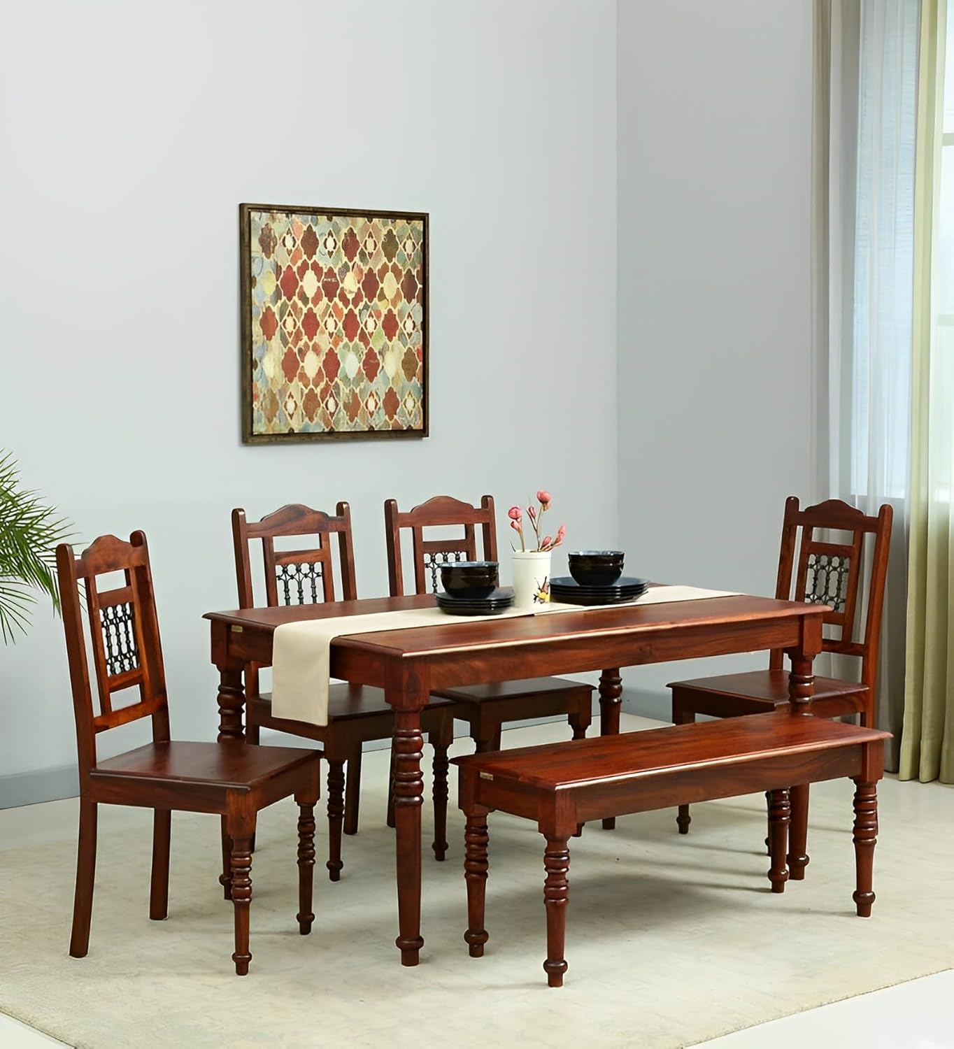 71cb6AEk51L._SL1500_ Solid Sheesham Wood 6 Seater Dining Table Set with 4 Chair 1 Bench|Wooden Dining Set |Handcrafted Dining Table Set for Home Kitchen & Dining Room(Natural Finish) - Image 1