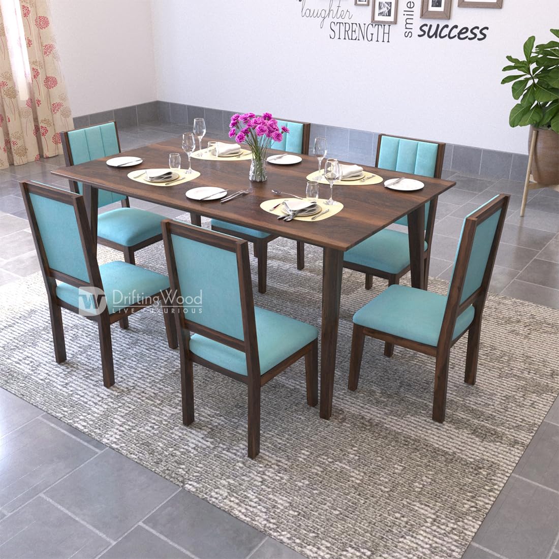 71jtynm9R3L._SL1100_ Solid Sheesham Wood Dining Table 6 Seater | Wooden Six Seater Dinning Table with Cushion Chairs | Dinner Table 6 Seater | Dining Room Sets | Self Assembly, Walnut Finish - Image 1