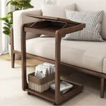 Solid Wood C-Shape Adjustable Flip End Table with Lockable Wheels