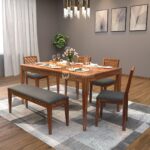 aharaja Sheesham Wood Dining Table 6 Seater | Wooden Six Seater Dinning Table with Grey Cushion Chairs & Bench | Dinner Table 6 Seater | Dining Room Sets | Self Assembly, Natural Finish - Image 3