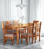 Handicraft Wooden Traditional Dining Table 6 Seater | Wooden Six Seater Dinning Table with 6 Chairs for Home | Chairs with Cushion | Dining Room Sets | Solid Sheesham Wood, Brown Teak Finish - Image 15