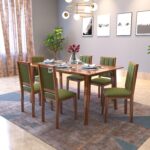 Tiya Dining Table 6 Seater | Six Seater Dinning Table with 6 Chairs in Green Cushions for Home | Rosewood, Honey Finish, Self Assembly(DIY)