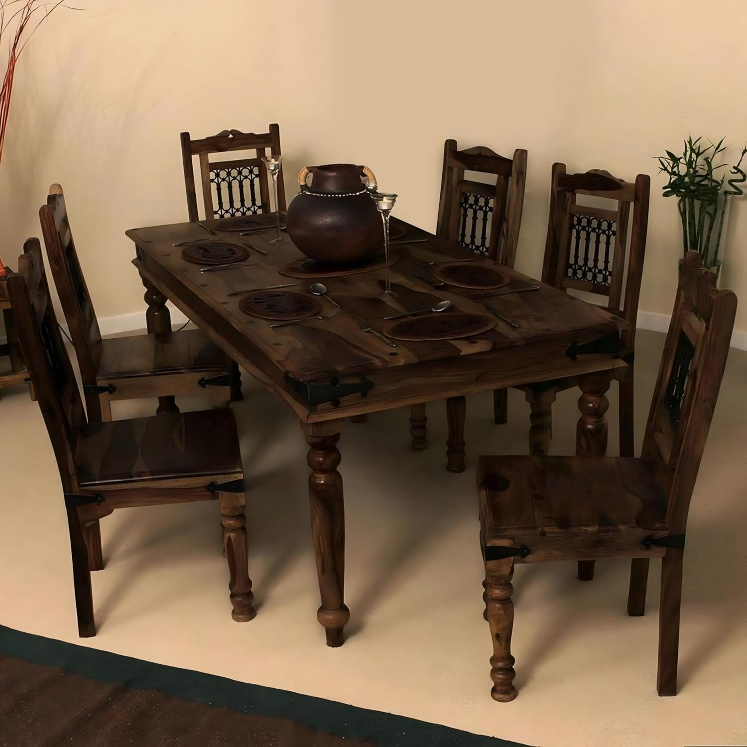 81sDFHtFUJL._SL1500_ Solid Sheesham Wood 6 Seater Dining Table Set |Traditional Solid Wood Dining Table with Chairs | Handmade Furniture for Home Kitchen & Dining Room (Premium Walnut Finish) - Image 1