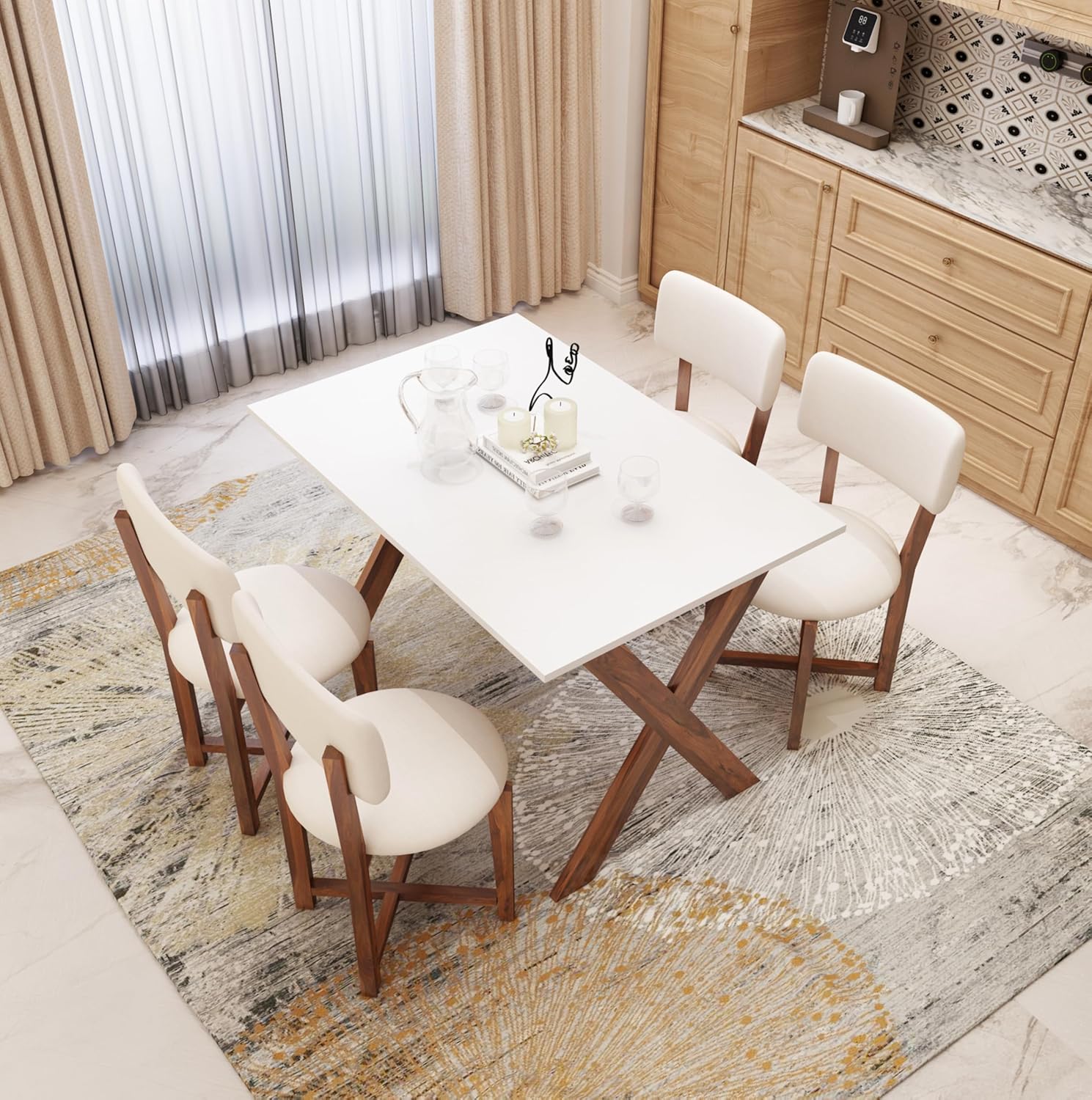 91jXoPnNOnL._SL1500_ Solid Sheesham Wood Rectangle 45 Inch Dining Table 4 Seater | Wooden 4 Seater Dinning Table Set | Dinner Table with Four Chairs | Criss Cross Table & Cushioned Chair - Image 1