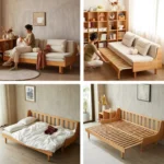 Solid Beech Wood Pull Out Sofa Bed with Back Support Frame