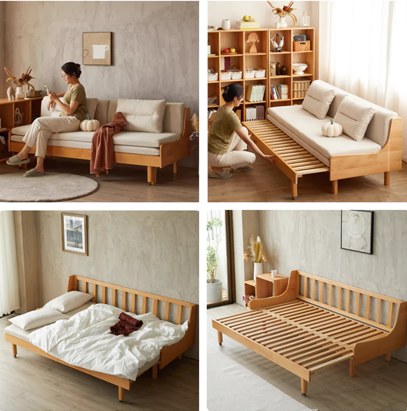 Solid Beech Wood Pull Out Sofa Bed with Back Support Frame - Image 1